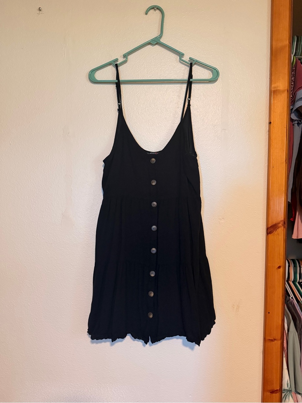 Black Button-Front Mini Dress with Spaghetti Straps